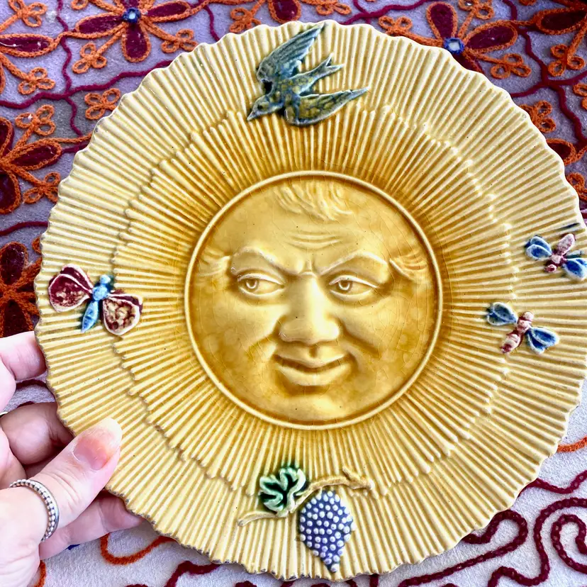 Antique George Dreyfus French Majolica Sun Face Plate 1890's Glazed Pottery Dish