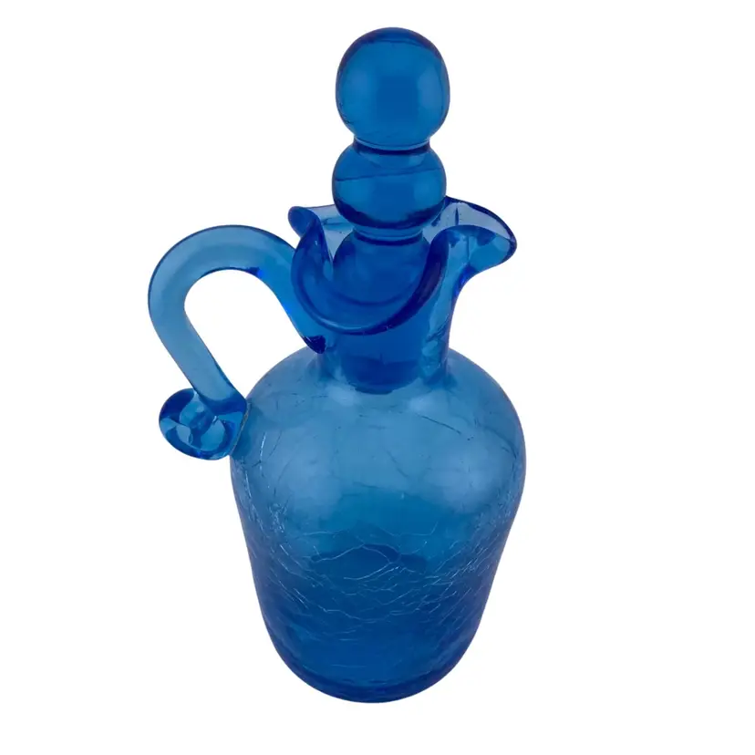 Vintage Cruet Blue Crackle Glass and Stopper Retro