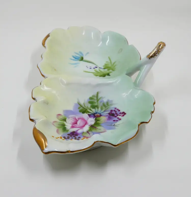 Lefton Floral Hand Painted Double Leaf Candy/Nut Dish