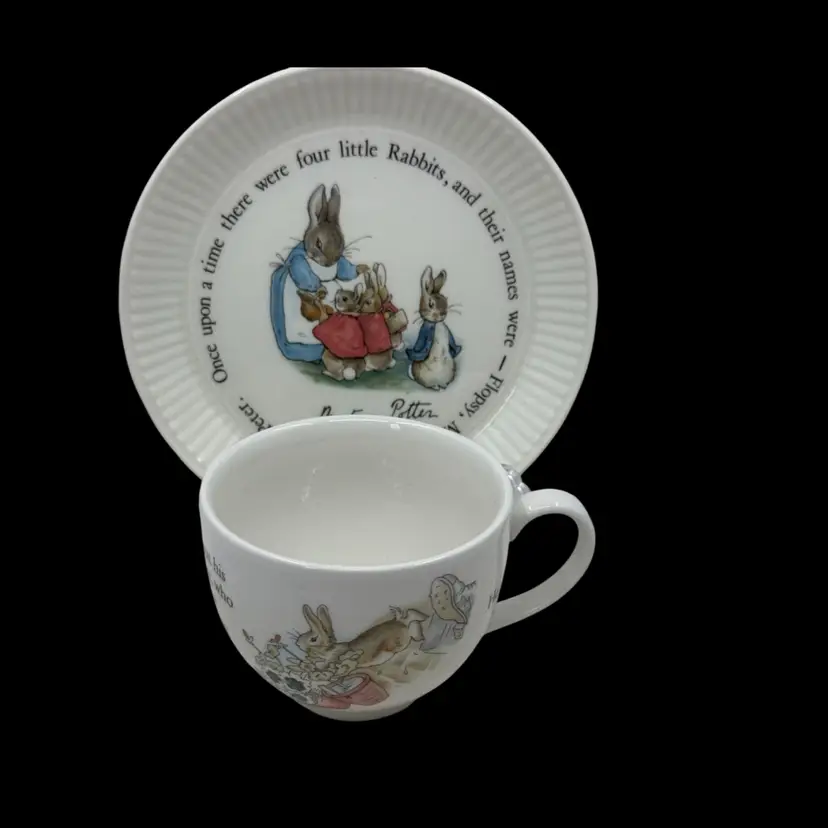 Wedgwood porcelain plate and cup featuring Beatrix Potter's Peter Rabbit.