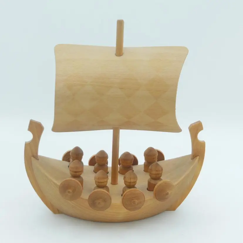 Vintage Hand Carved & Crafted Small Wooden Viking Ship, Vikingaskepp,  Made In Sweden