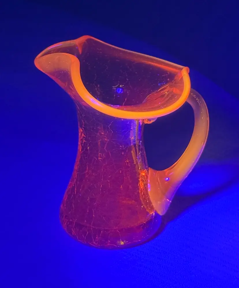 Orange Glass Pitcher Miniature Mid Century Rainbow Crackle Glass 3.5" tall glow