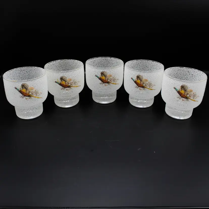 Set of 5 Vintage West Virginia Frosted Glass Cocktail Tumblers Pheasant Design