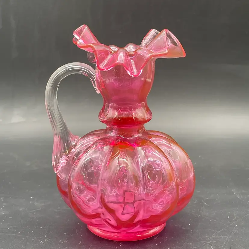 #13 Vintage Cranberry Art Glass Pitcher With Clear Applied Handle