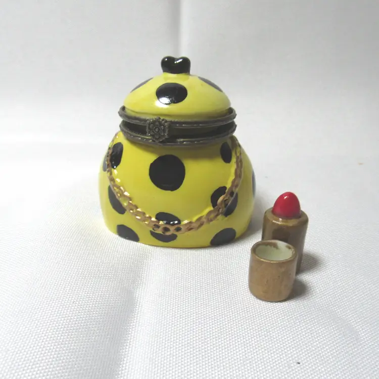 Porcelain Yellow Purse Hinged Trinket Box w/ Lipstick Trinket