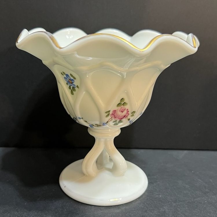 1975 Westmoreland Hand Painted Compote, Signed ~5” x 5.25” diameter