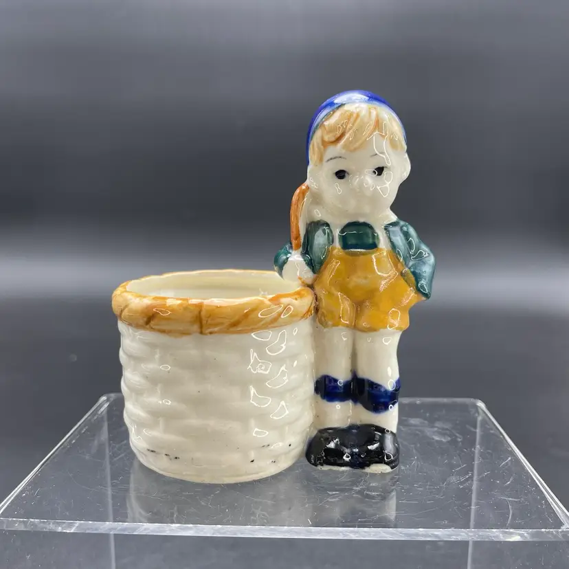 Occupied Japan Small Planter Match Toothpick Holder with Child Figure VTG