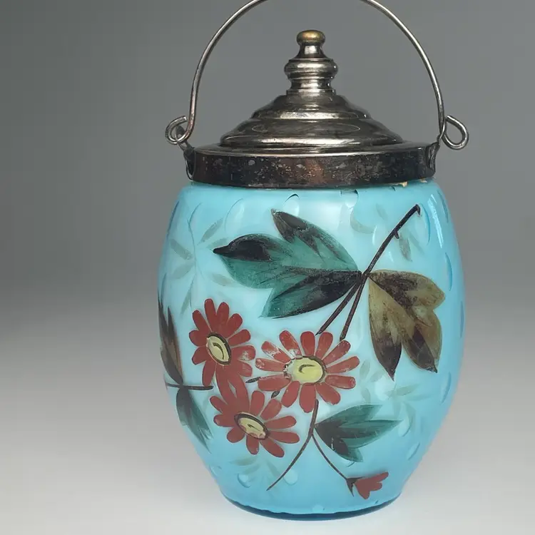 Antique Victorian Glossy Blue Raindrop Air Trap Art Glass Cracker Biscuit Jar Painted Flowers Floral 5.5"