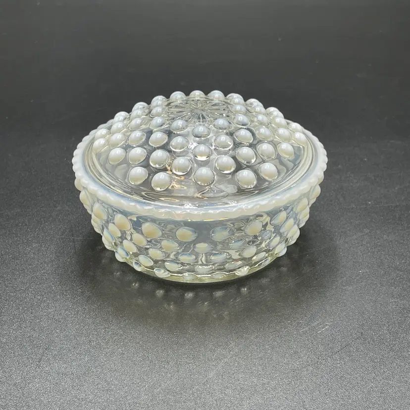 Anchor Hocking Moonstone Opalescent Glass Lidded Puff Jar Vanity Dish