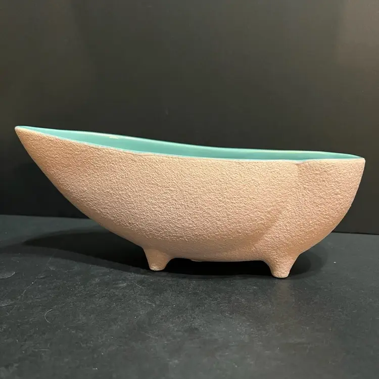 McCoy Vintage Abstract Planter 207 Pink Textured Finish, Turquoise Glazed Interior ~3.5” x 9” x 3.75”