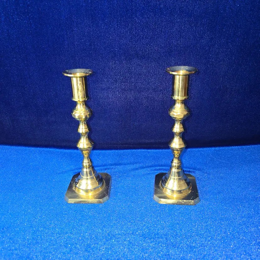 188  VTG Brass Candlesticks Victorian Geo. Column