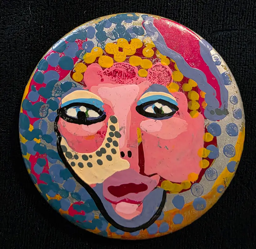 Beautifully Painted Abstract Colorful Woman Button Signed