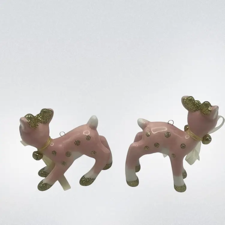 Set Of Two Pink Retro Reindeer Ornaments, Approximately 3” Diameter