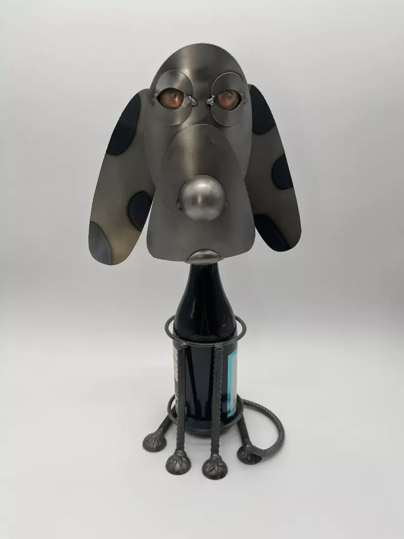 Funny Wine Bottle Holder Gift Display Welded Metal Sculpture Puppy Hound Dog