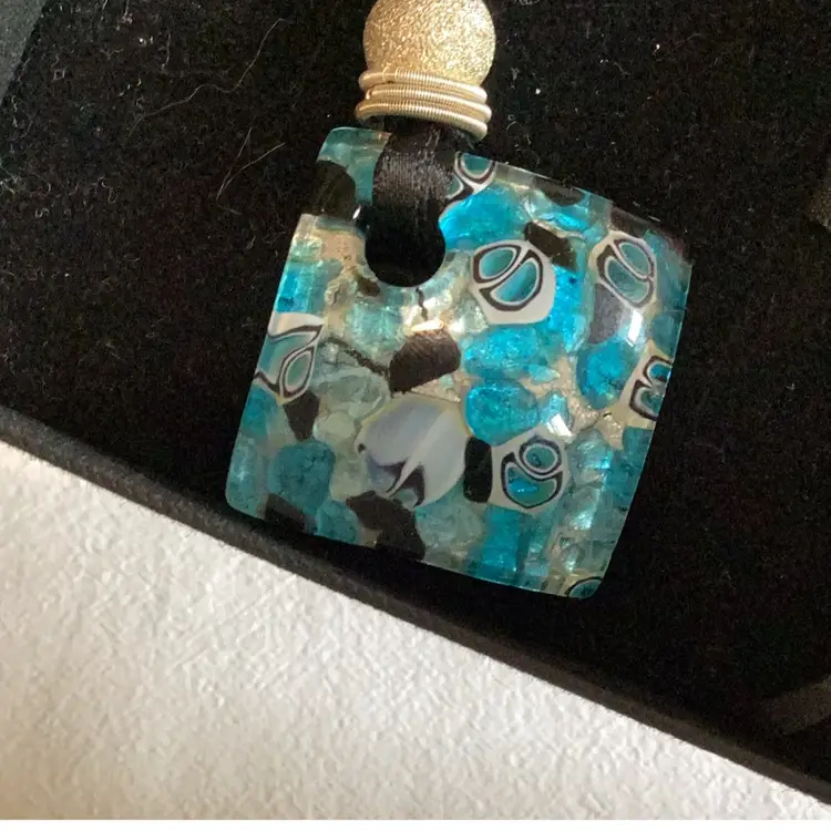 Beautiful Murano Necklace With Original Box Pendant 2” Square Lace Necklace 15” Does Not Open