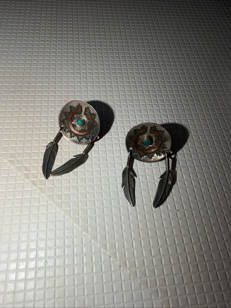 Vintage Southwestern Sterling Silver Turquoise Earrings with Copper With Feathers