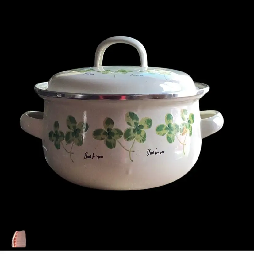 RARE Vintage Small Enameled Casserole Pot With Shamrocks “Just For You” Double Handle And Lid