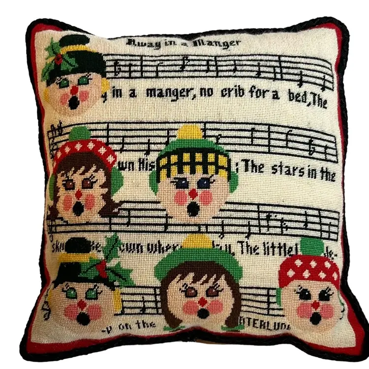 Vintage Adorable! Hand Embroidered Christmas Carolers Pillow 12"