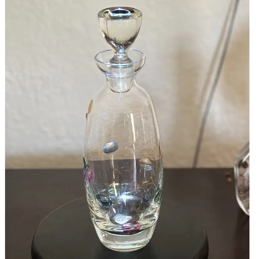 Vintage Block Crystal Decanter with Stopper, Mouth Blown Hand Painted Made in Poland