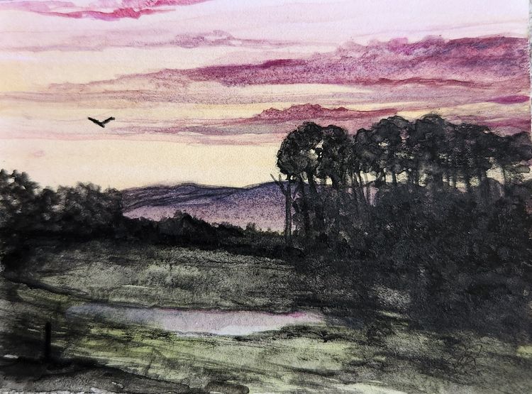 Landscape With Bird Original Watercolor Painting Signed By The Artist 3x4 Free Shipping