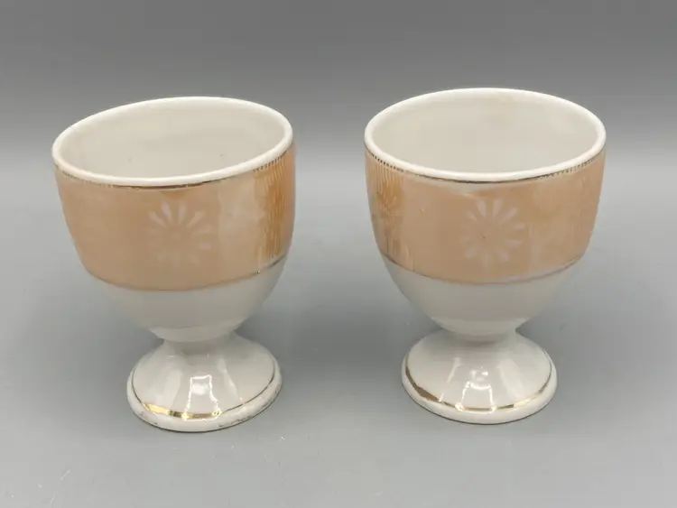 Vintage Japan Orange / Peach Rimmed Lusterware Egg Cups - Set of 2 - READ