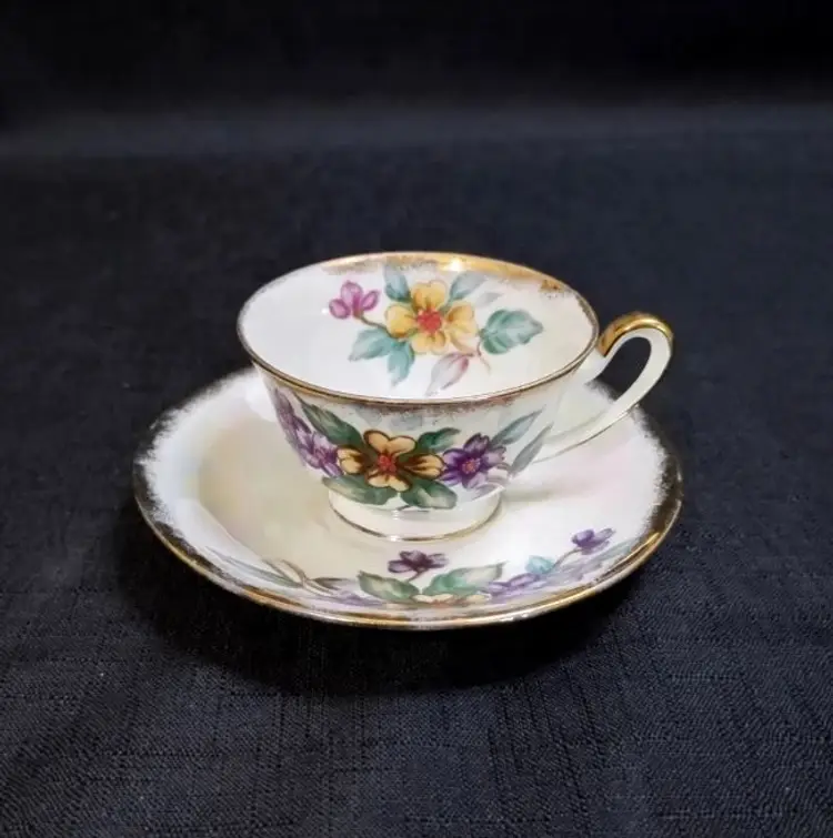 Vintage Porcelain Norcrest Japan Floral Iridescent Teacup and Saucer Set