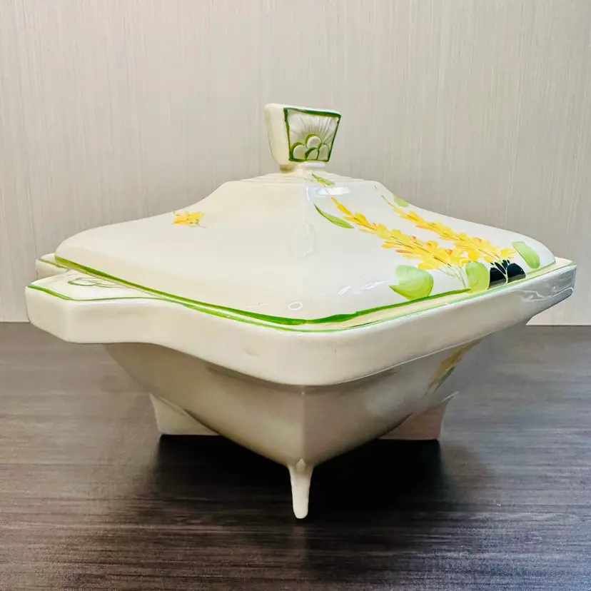 Vintage Burleigh Ware Lidded Serving Bowl England Yellow Flower Pedestal Art Nouveau