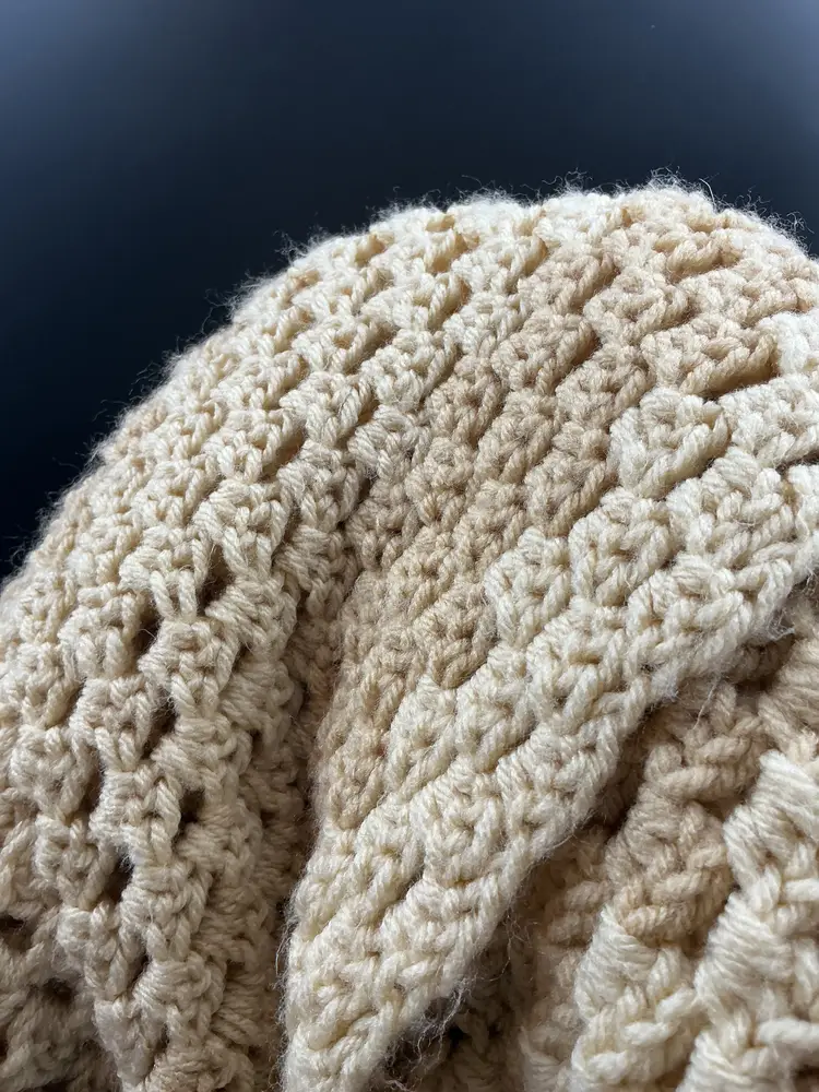 Large 2 tone tan granny square afghan, 72x72 Could be coverlet.