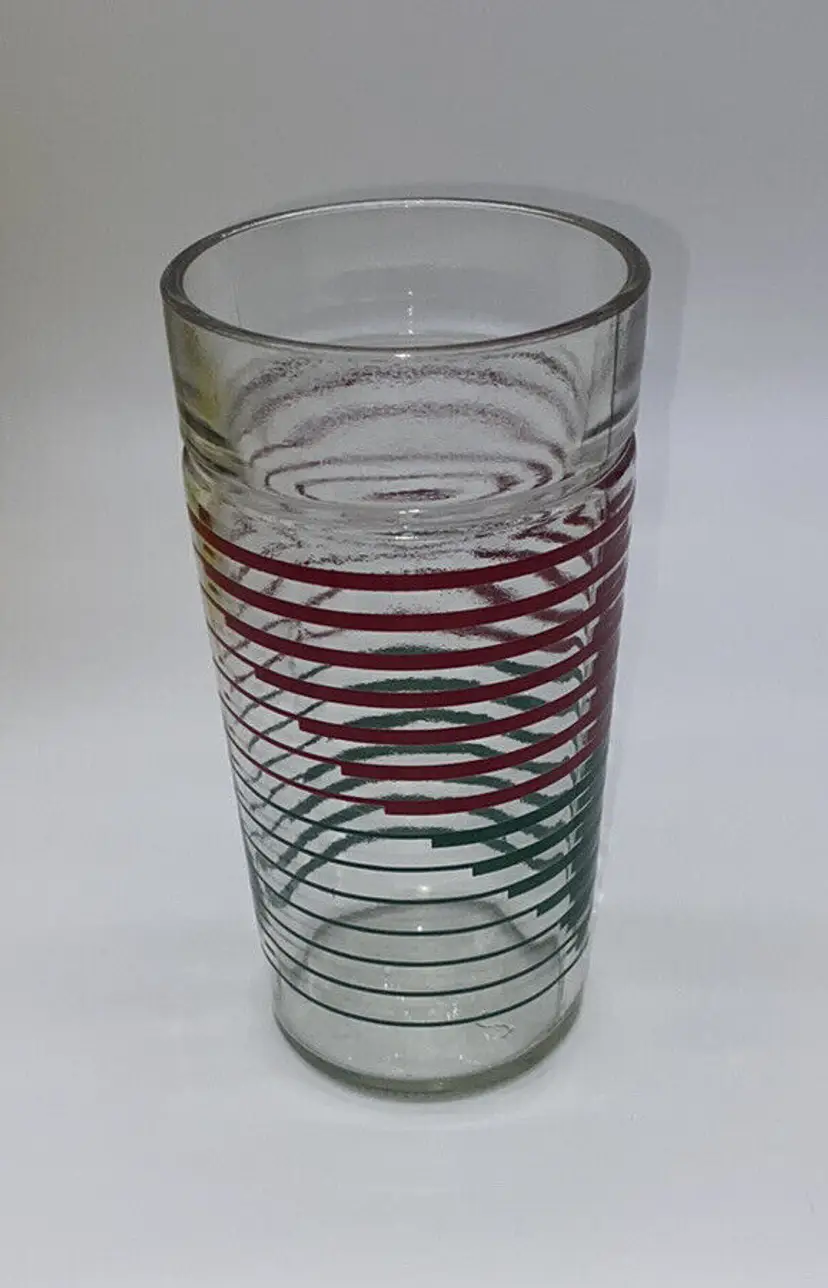 Hazel Atlas MCM Green And Red Striped Tumbler Drinking Glass 16oz