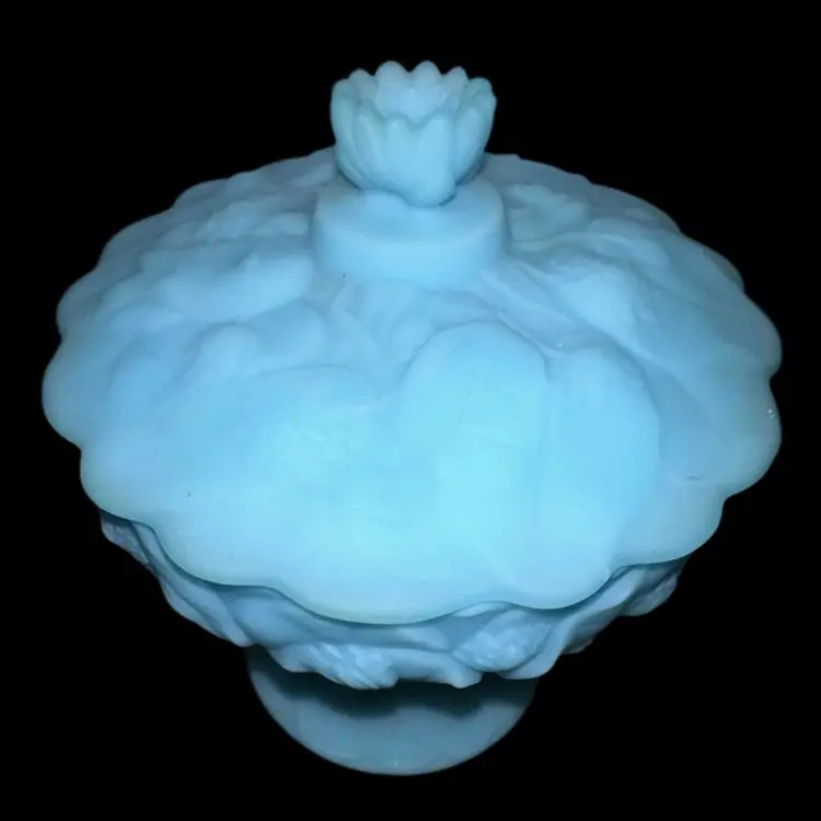 Vintage Fenton Blue Satin Glass Water Lily Covered Compote Footed Candy Dish 1970’s (as Is)