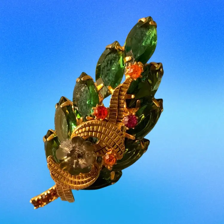 Vintage Leaf Shape Brooch With Prong Set Green  Marquis Gold Tone Ribbon , Pink Rhinestones And Red Rhinestones For The Stem
