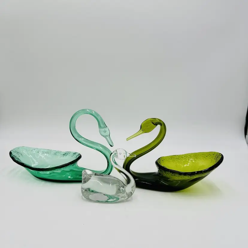 Viking Swan Figurines Art Glass Green Avocado Clear Vintage MCM Set 3 Pieces