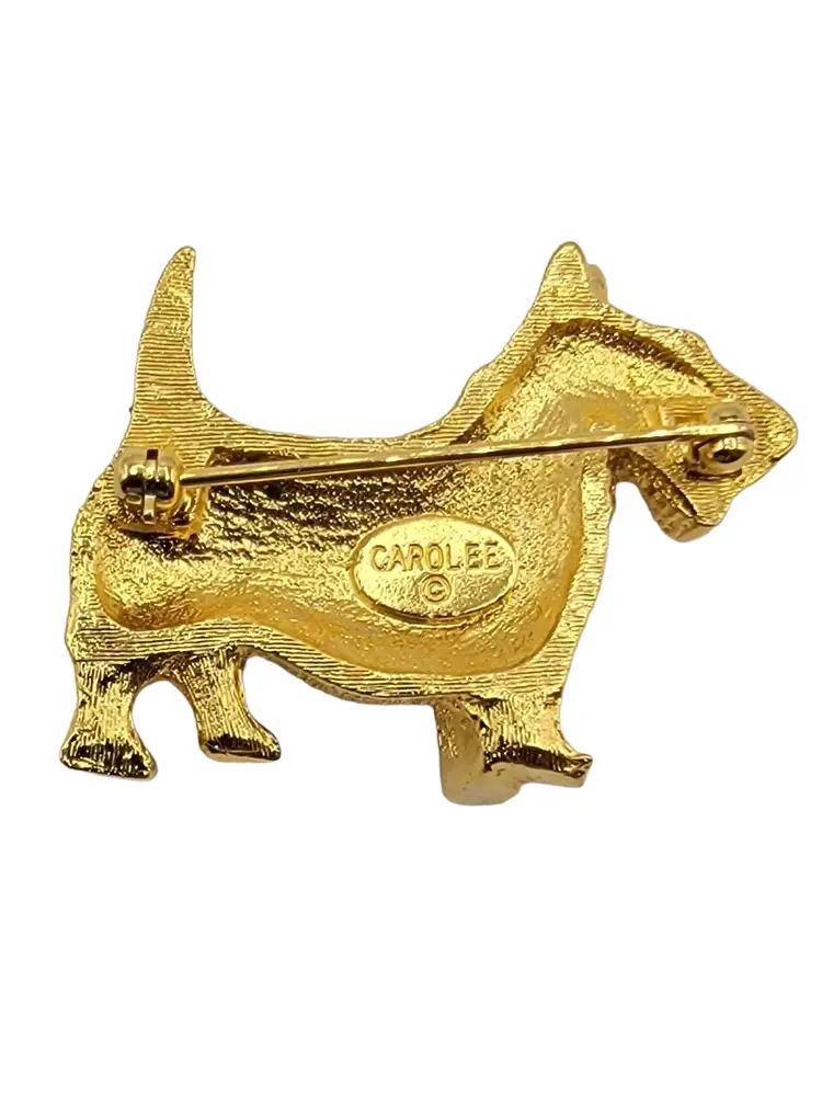 Carolee Vintage Black Enamel Bow Gold Tone Scottie Dog Brooch, Signed