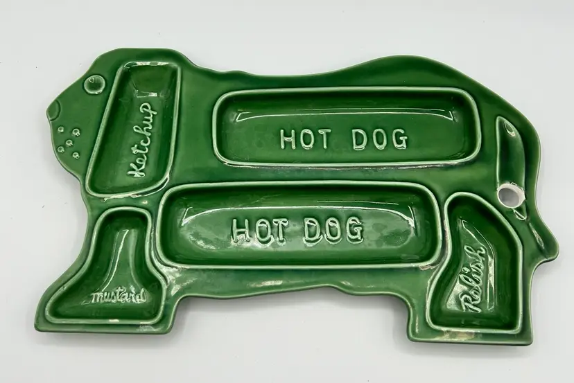 Vintage 70s Ceramic Dachshund Hot Dog Plate Mustard Relish Green, Japan