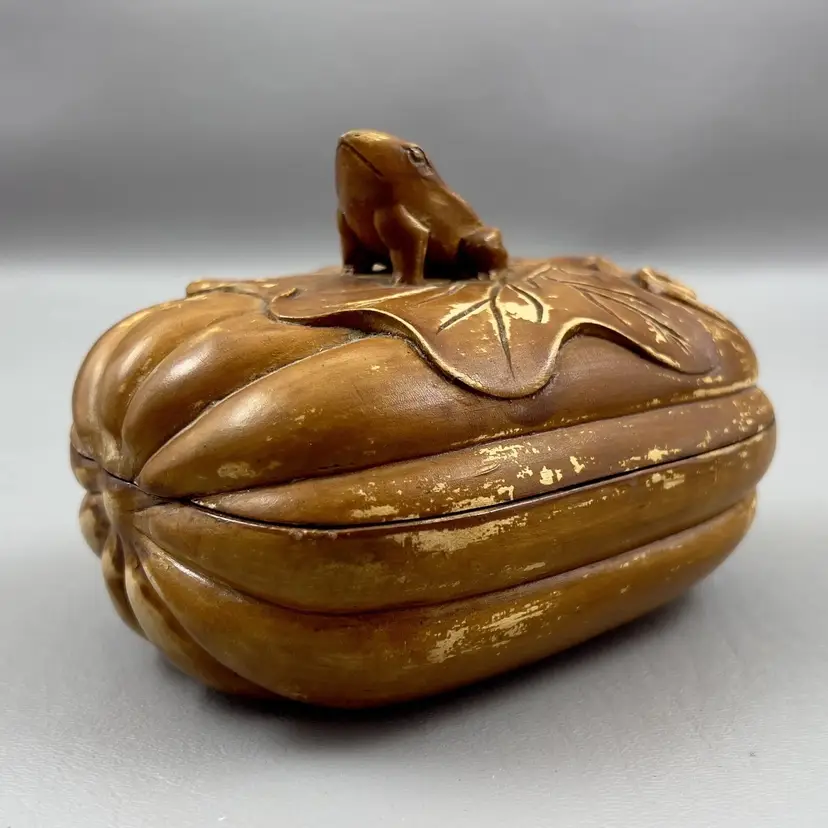 Vintage Hand Carved Frog On Lotus Leaf Wooden Box 5"X3.5"