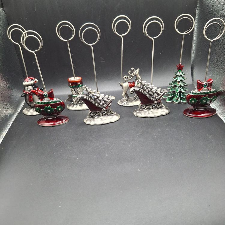 Enameled Pewter Look Place Card Holders Set Of 8 Christmas-Themed Holder Figurines
