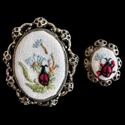 Vintage Handmade Set of Embroidered Ladybug Jewelry Brooch/Pendant & Adjustable Ring
