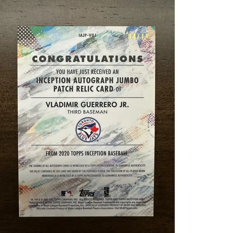 Vlad Guerrero Jr. - Toronto Blue Jays - 2020 Topps Inception JUMBO Relic AUTO /10 Blue