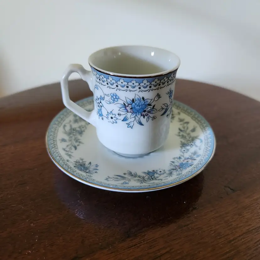 Demitasse porcelain cup and saucer- Brazil-saucer is 4 1/4" diameter, cup is 2 1/2" diameter,  stands 2 1/2" tall