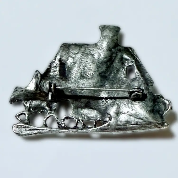 Vintage Christmas Cottage w Horse Dean Carriage Enamel AB Silvertone Brooch