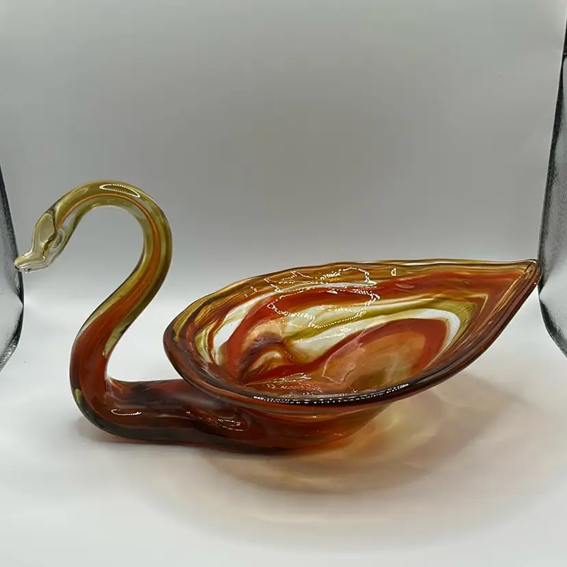 Vintage MCM Hand Blown Sooner Glass, Swan Centerpiece, Burnt Orange Swirl