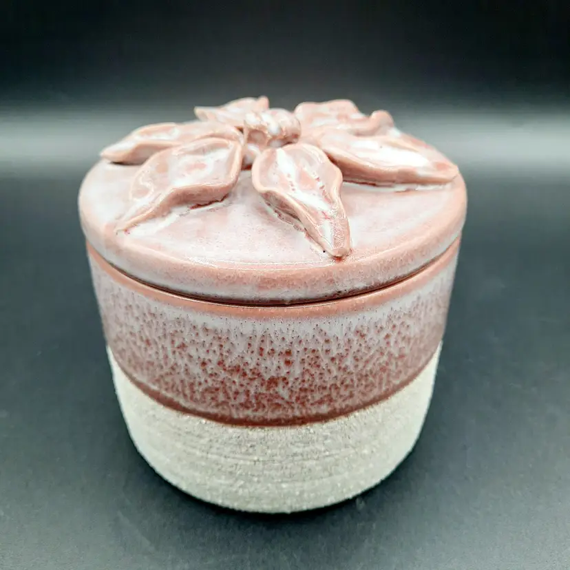Round Pottery Applied Flower Trinket Box Vanity Box Dusty Rose Textured Beige