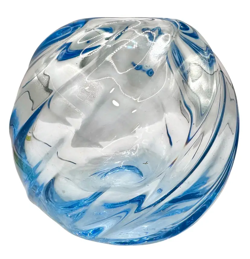 Marked Signed Art Glass Heavy Rose Bowl Vase Round Swirl Light Pale Blue 5”