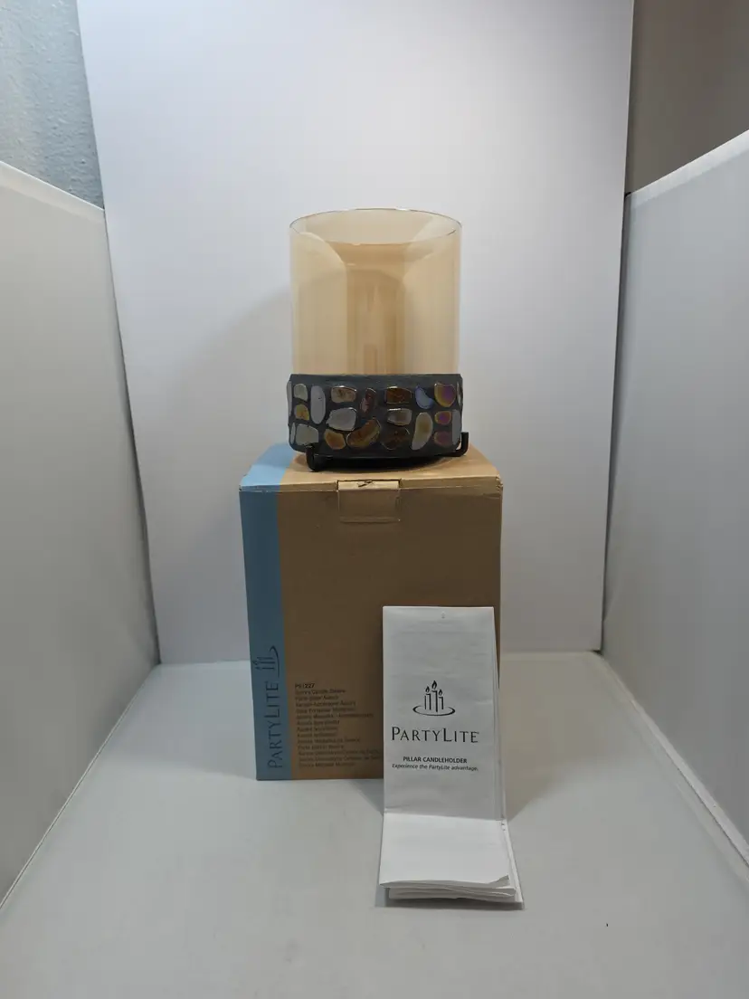 Partylite Aurora Candle Holder Colored Stone Glass Pillar Jar NIB (A3)