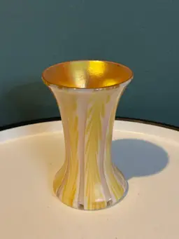 Steven Lundberg Studios Signed Iridescent Flared Rim Art Glass Vase, Yellow 4.5"