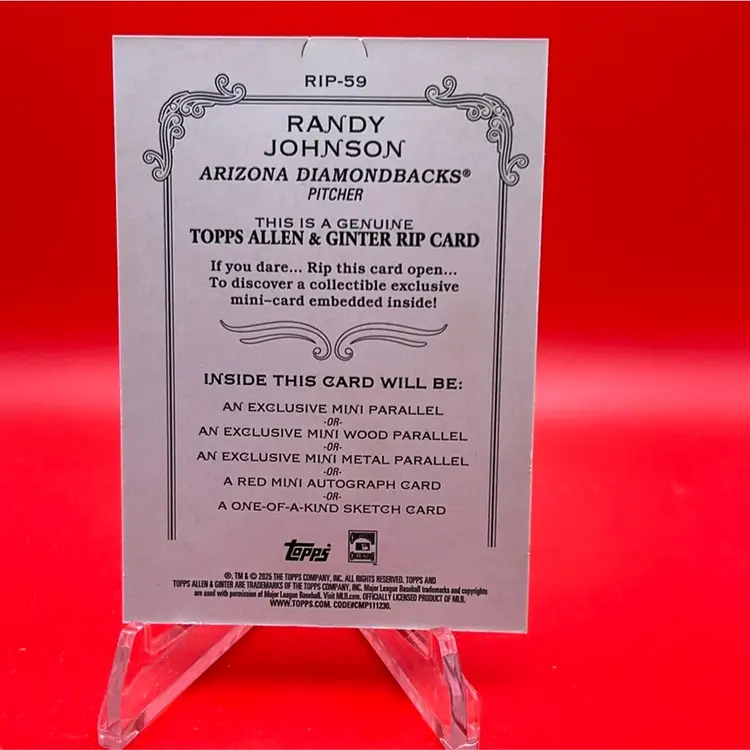 Randy Johnson 2025 Topps Allen & Ginter Rip Card Unripped Arizona Diamondbacks 133/199