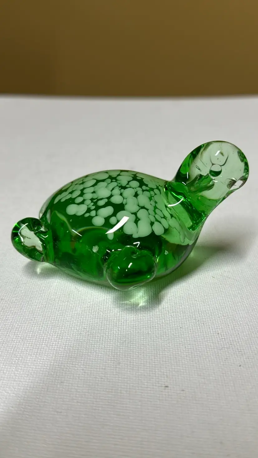 Turtle Paperweight Figurine Green & White Speckled Hand Blown Art Glass