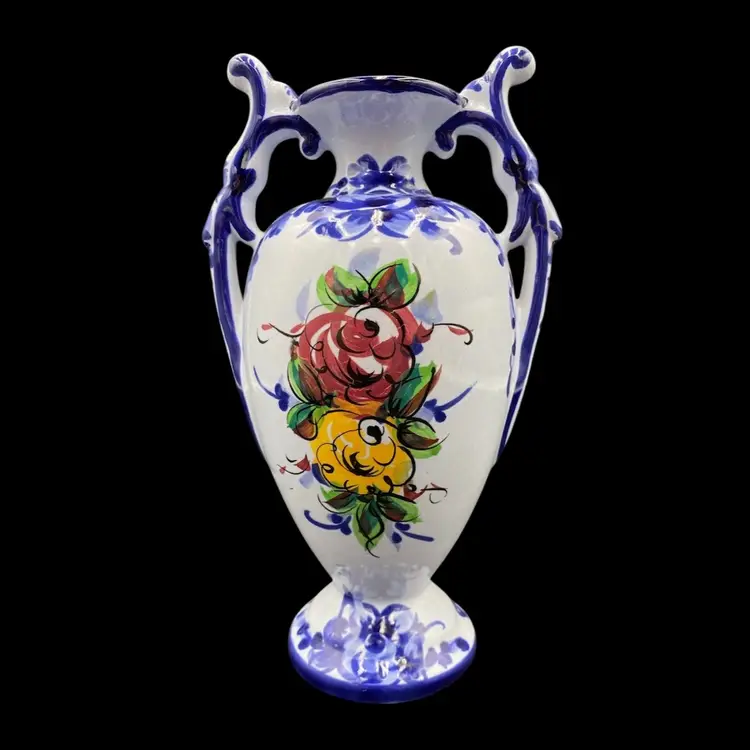 Vestal Alcobaca Ceramic Vase, Portugal, Light Blue w/Florals, #740, 9"
