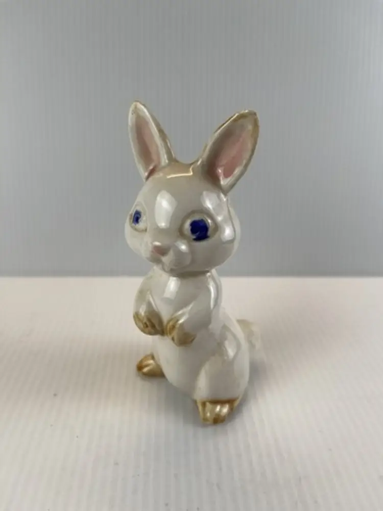 Porcelain Bunny Rabbit Blue Eyes MCM Kitsch White and Brown Spring Decor Vtg