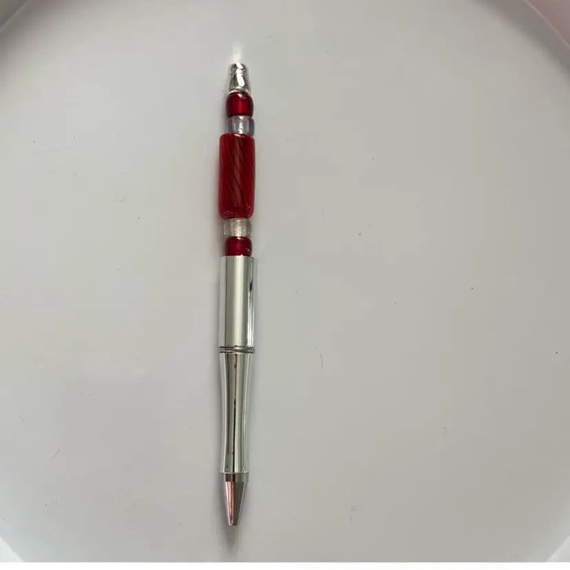 Fidget Pen Handmade By Me! Red Glass with Black Swirls!  "2"  Extra Ink Cartridges Included! 1 blue and 1 black!